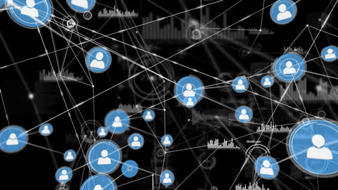 The looping animation emphasizes interconnectedness with various people icons linked across a matrix, signifying global communication, networking, or technological interactions. Business presentations, tech seminars, and educational material usually include this visual when essential topics revolving around large-scale communication or digital connectivity need showcasing.