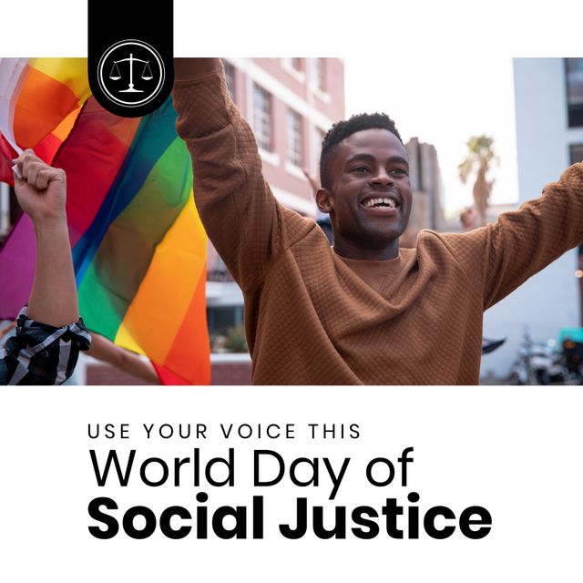 Composition of world day for social justice text over diverse people with lgbt flag. World day for social justice and celebration concept digitally generated image.