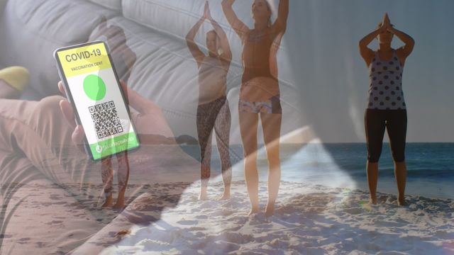 This digitally generated scene features a smartphone displaying a COVID-19 vaccination passport superimposed on an video of diverse friends practicing yoga on a sunny beach. The composition highlights themes of health and safety during the pandemic, travel precautions, and staying fit through yoga practice. Ideal for use in campaigns promoting safe travel, wellness retreats, or outdoor activities in a post-pandemic world.