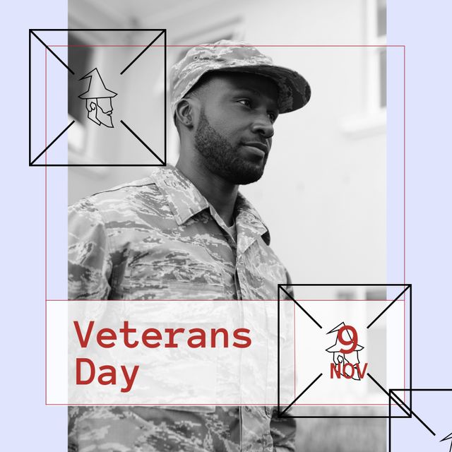 African American soldier in military uniform standing outdoors, commemorating Veterans Day. Ideal for use in campaigns, posters, or social media posts celebrating and honoring military personnel and their service. Can be used in newsletters, websites, and educational materials recognizing the significance of Veterans Day.