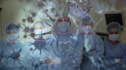 Medical Team in Operating Room with Overlay of Virus Cells