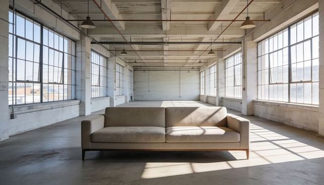 Minimalist beige sofa sitting in sunlit industrial loft with steel windows