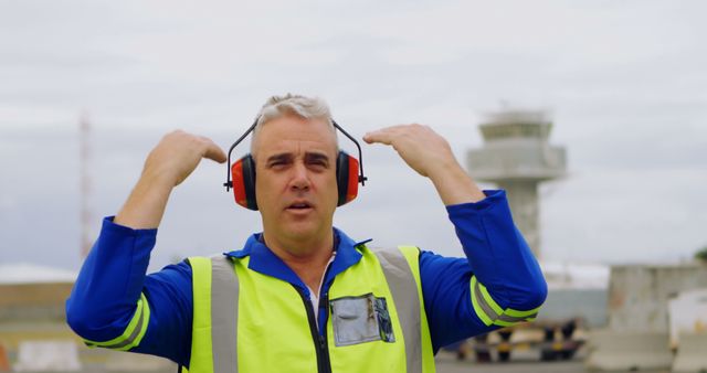 Airport Ground Crew Worker Wearing Protective Earmuffs on Runway - Download Free Stock Images Pikwizard.com