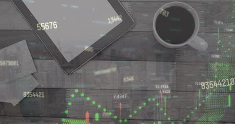 Financial Analytics on Tablet with Coffee Sign in Top View