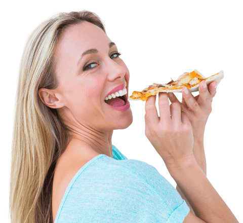 cheerful blonde woman enjoying tasty slice of pizza on transparent background - Download Free Stock Videos Pikwizard.com