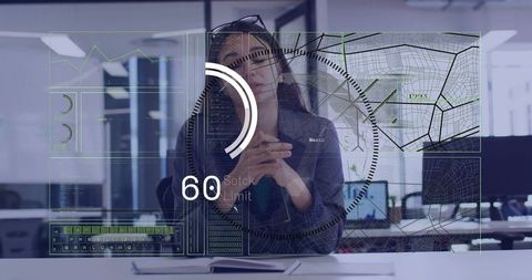 Female professional viewing augmented reality hud dashboard with analytics map overlays
