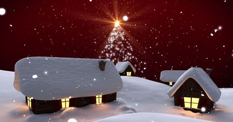 Snowy Winter Village with Christmas Tree and Falling Snow
