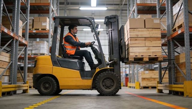 Warehouse operator operating forklift lifting pallet of wooden crates wearing safety vest