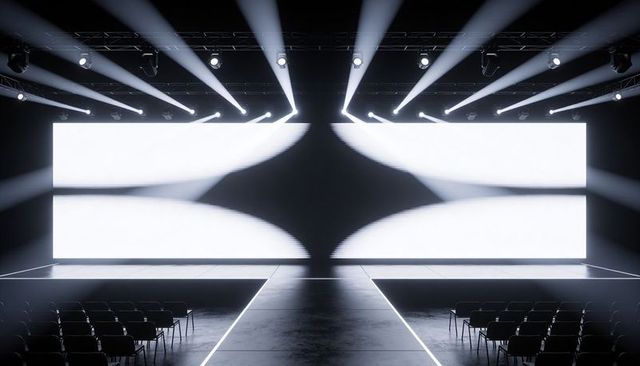 Symmetrical Stage Catwalk with Illuminated LED Panels and Dramatic Spotlights