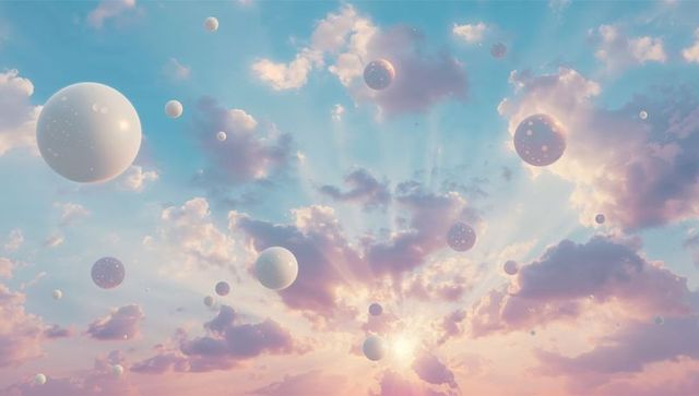 Floating matte perforated orbs drifting through pastel sunrise sky with sunlit clouds