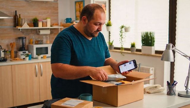 Man unpacking online order at kitchen island holding smartphone and padded envelope