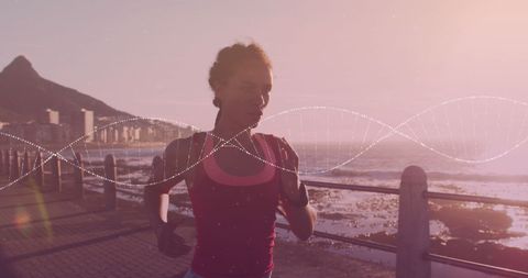 Woman Running Along Promenade with DNA Strand Overlay