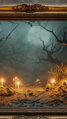 Revealing Gilded Frame to Haunted Candlelit Forest, Vertical Horror Video for Gothic Mood