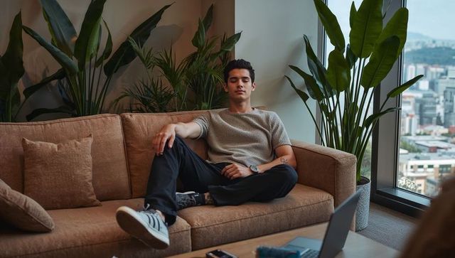 Young man relaxing on sofa with city view and laptop in modern living room