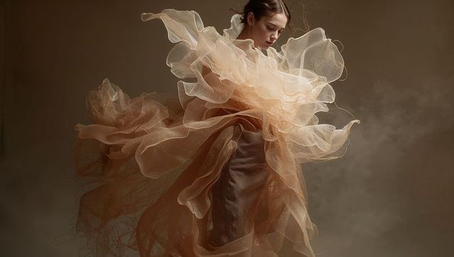 Ethereal model floating in voluminous tulle, wearing flowing couture gown for editorial