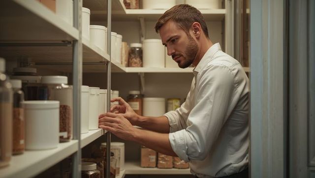 Man inspecting neatly organized pantry with labeled white canisters and metal shelving