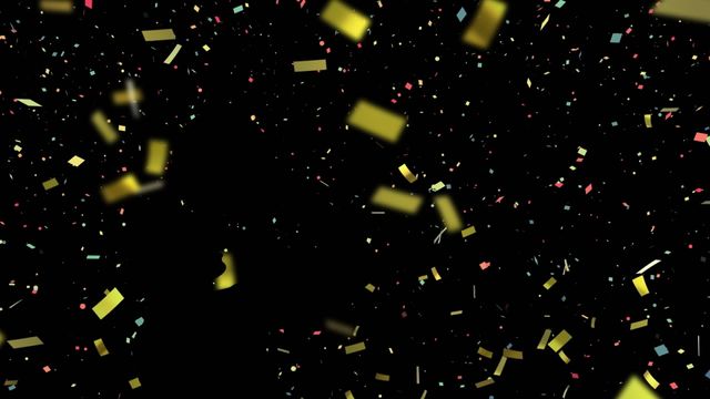 Gold confetti falling against black background emphasizes celebration, excitement, and festivity. Ideal for promotional materials, party invitations, event announcements, and holiday-themed designs.