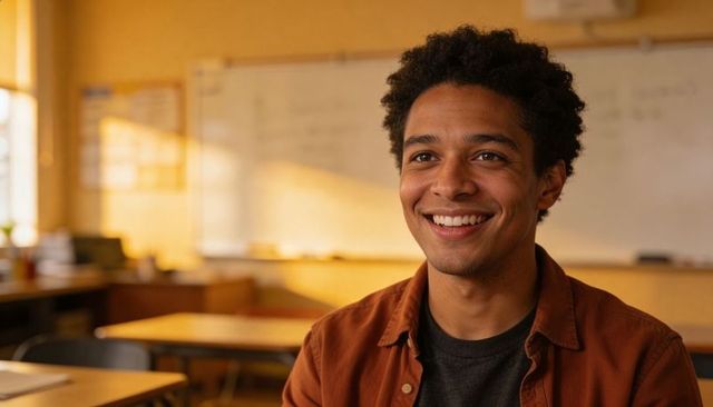 Smiling college student sitting in sunlit classroom warm learning atmosphere natural light portrait