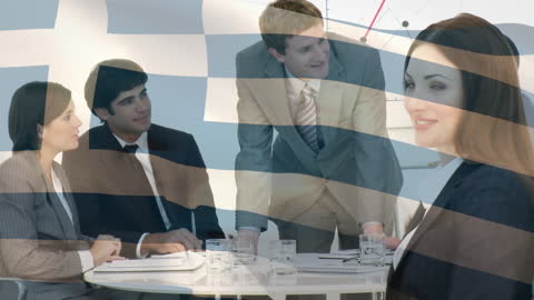 Business Meeting Overlapping with Greek Flag as Conceptual Background