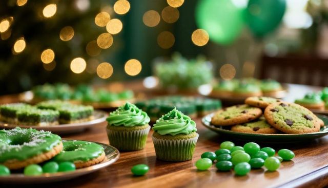 Green dessert spread featuring frosted cupcakes, cookies and candies for festive party