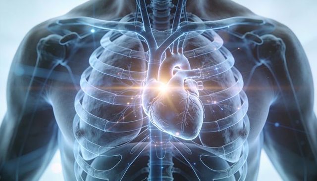 Translucent male torso showing glowing heart and thoracic anatomy visualization