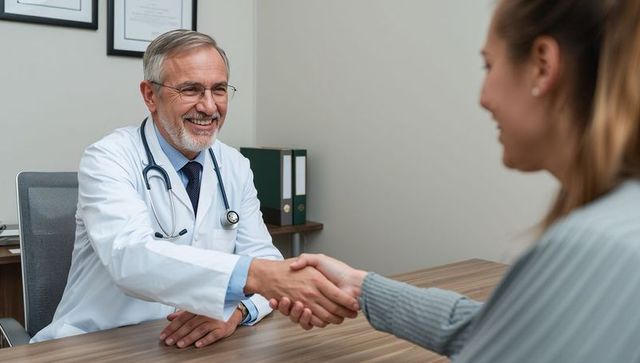 Smiling senior doctor shaking hands with patient during welcoming medical consultation