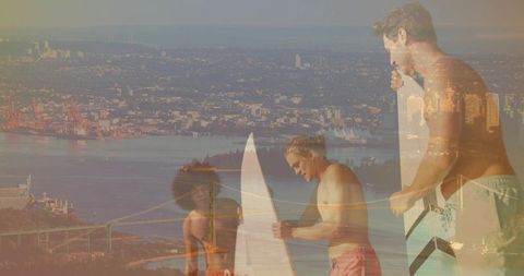 Surfers checking boards in sunlit double exposure over coastal city at golden hour