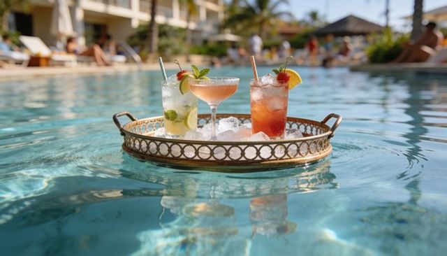 Floating ornate tray of colorful cocktails on sunny resort pool with ice and fruit garnish
