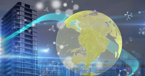 Conceptual global computing data overlay on cityscape
