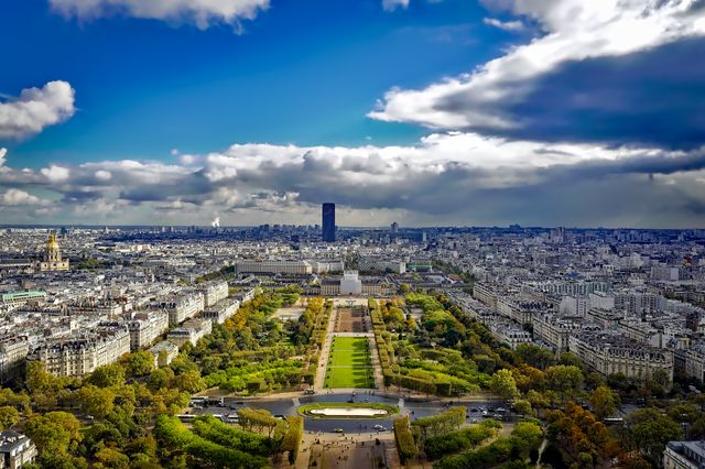 Panoramic aerial view of Paris showcasing the iconic Champ de Mars, surrounded by historical buildings and stretches of green space. Suitable for themes focusing on travel, tourism, urban planning, landmarks, and the beauty of Paris.