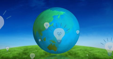Innovative Light Bulbs Surrounding Spinning Globe Over Green Landscape - Download Free Stock Images Pikwizard.com