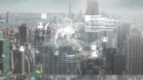 Abstract Financial Data Network Over City Skyline