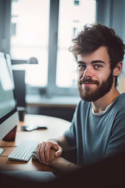 Young man with a beard sitting at a home office desk and working on a computer while smiling at the camera. The environment suggests a modern workspace with a large window in the background. Ideal for themes related to remote work, freelance professionals, and modern office setups.