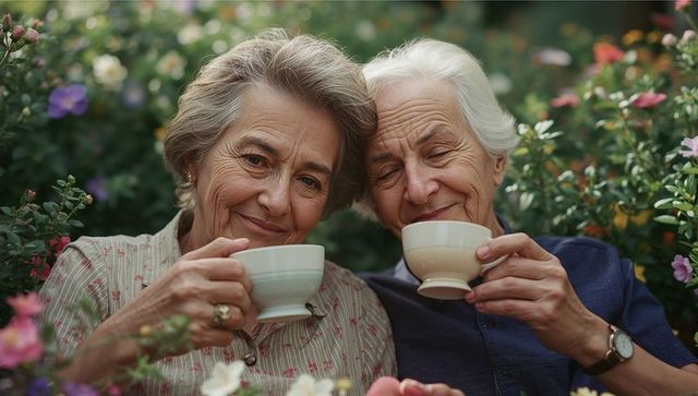 Senior Couple Enjoying Tea in Lush Garden Amid Flowers