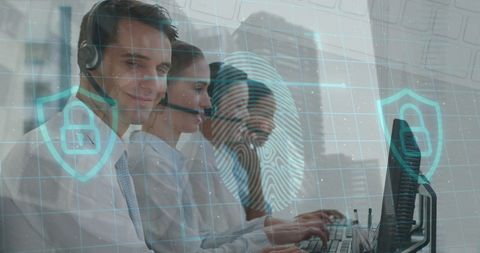Call center team with futuristic security interface