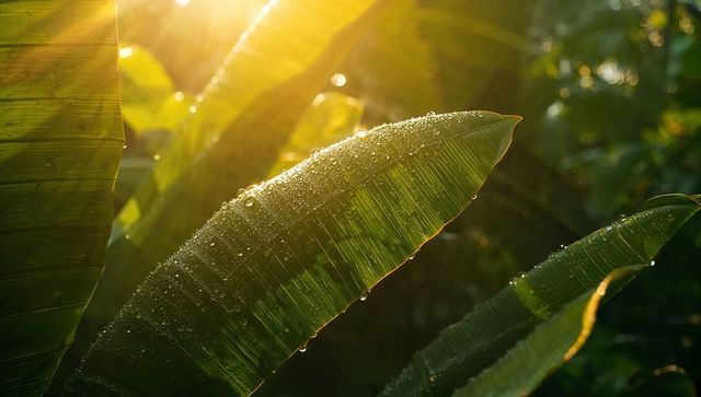 Dew-Covered Tropical Leaf Bathing in Morning Sunlight