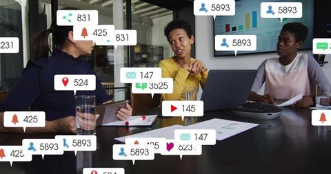 Team meeting with social media notification overlays and leader presenting in modern office