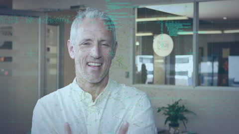 Smiling Businessman with Coding Overlay in Modern Office