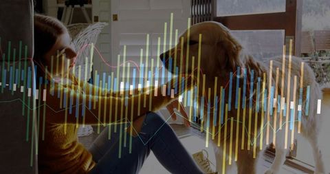 Woman Relaxing with Golden Retriever at Home with Data Visualization