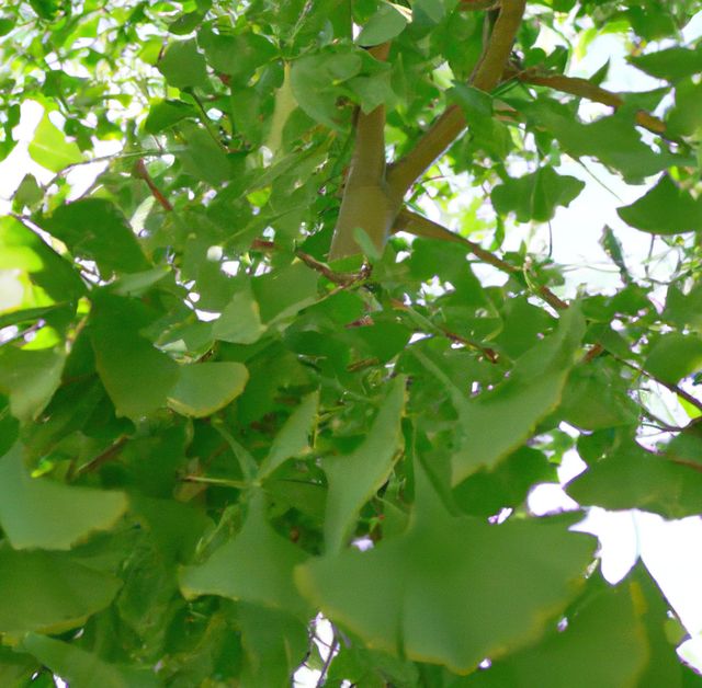 Photo depicts lush green ginkgo leaves thriving on tree branches, capturing the natural beauty and vibrant colors illuminated by sunlight. Useful for nature blogs, environmental campaigns, gardening websites, and design themes focusing on natural elements.
