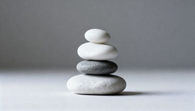 Minimal zen balance: four smooth pebbles stacking in monochrome still life