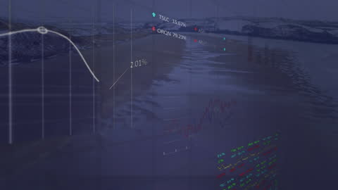 Digital Financial Data Display Over Scenic Mountainous Landscape