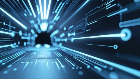 Futuristic neon circuit tunnel with digital data flowing