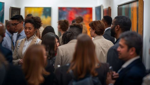 Business Professionals Networking at Vibrant Art Gallery Exhibition
