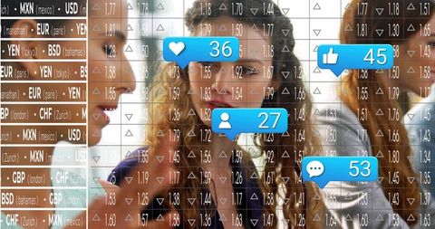 Business Team Discussing Forex Data and Currency Trends with Social Media Engagement Overlays