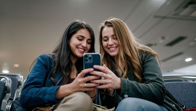 Two women sharing smartphone at airport gate, smiling while checking travel details