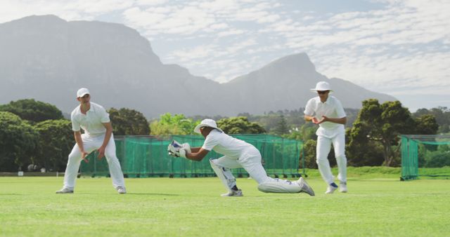 Cricket players practicing on a green field under a beautiful mountain backdrop, showcasing teamwork and athleticism. Ideal for use in sports promotions, cricket training advertisements, teamwork and collaboration concepts, and outdoor activity features.