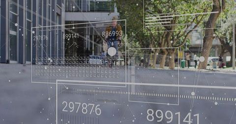 Urban pedestrian walking with backpack in corridor with ar hud data overlays