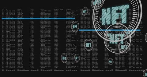 Futuristic NFT token badges overlapping monospace ledger columns with cyan accents