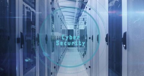 Cyan Holographic Cybersecurity Overlay in Modern Data Center Aisle with Server Racks
